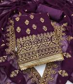Women's purple unstitched heavy zari embrodiery georgette dress material 