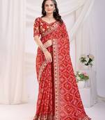 Alluring Red Golden Foil Bandhani Print With Embroidered Vichitra-Silk Blend Saree