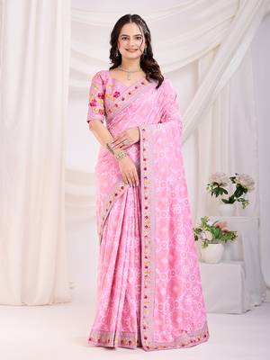 Light Pink Golden Foil Bandhani Print With Embroidered Vichitra-Silk Blend Saree 1
