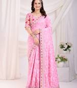 Light Pink Golden Foil Bandhani Print With Embroidered Vichitra-Silk Blend Saree