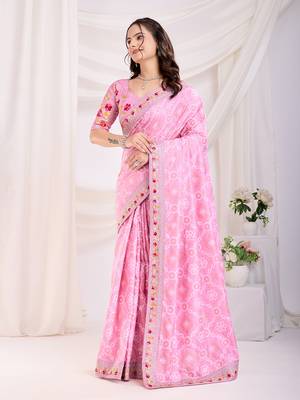 Light Pink Golden Foil Bandhani Print With Embroidered Vichitra-Silk Blend Saree 5