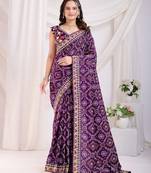 Purple Golden Foil Bandhani Print With Embroidered Vichitra-Silk Blend Saree