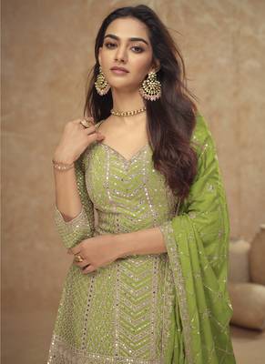 Light green real chinon embroidered Palazzo suit 2