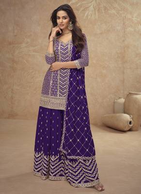 Purple real chinon embroidered Palazzo suit 1