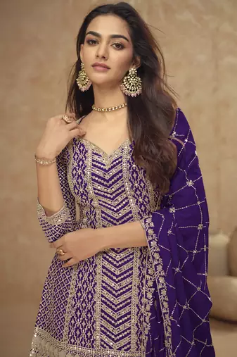 Purple real chinon embroidered Palazzo suit