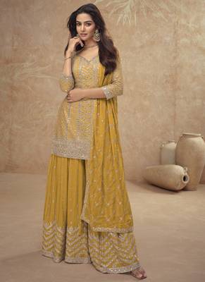 Mustard real chinon embroidered Palazzo suit 1