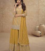 Mustard real chinon embroidered Palazzo suit