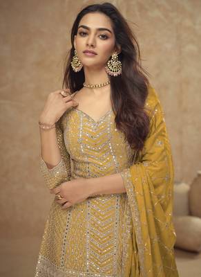 Mustard real chinon embroidered Palazzo suit 2