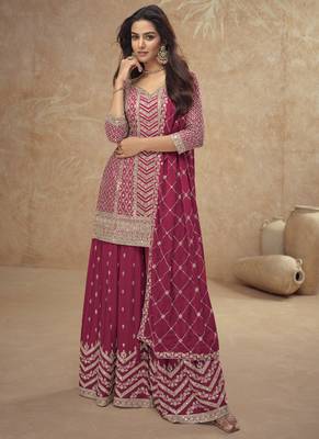 Pink real chinon embroidered Palazzo suit 1