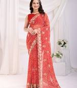 Ly Red Digital Print With Sequins Embroidered Georgette Indian Party-Wear Saree