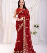  Maroon Digital Print With Sequins Embroidered Georgette Bridal Saree For Wedding