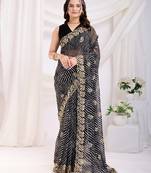 Black Digital Print With Sequins Embroidered Georgette Wedding Saree