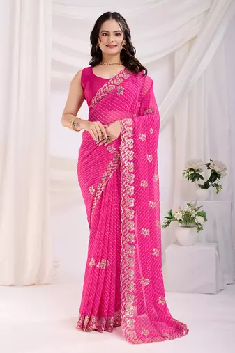 Rani Pink Digital Print With Sequins Embroidered Georgette Party-Wear Saree