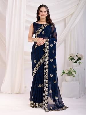 Navy Blue Digital Print With Sequins Embroidered Georgette Ethnic Saree 1
