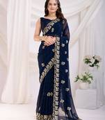Navy Blue Digital Print With Sequins Embroidered Georgette Ethnic Saree