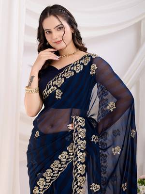 Navy Blue Digital Print With Sequins Embroidered Georgette Ethnic Saree 2