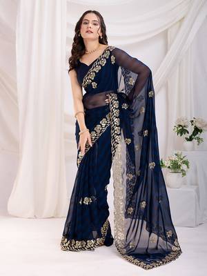 Navy Blue Digital Print With Sequins Embroidered Georgette Ethnic Saree 3