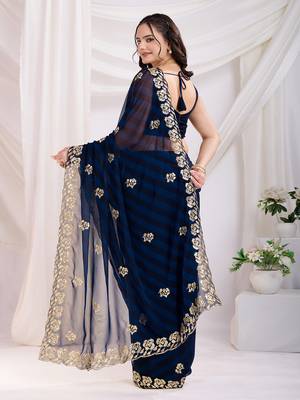 Navy Blue Digital Print With Sequins Embroidered Georgette Ethnic Saree 4