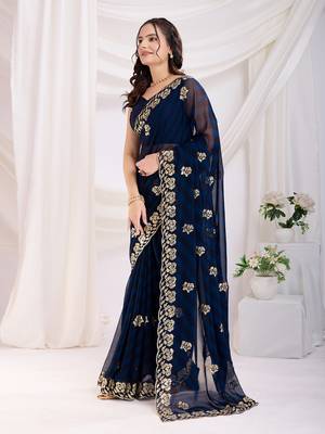 Navy Blue Digital Print With Sequins Embroidered Georgette Ethnic Saree 5