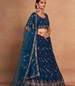  Teal-Blue Sequins Embroidered Heavy Georgette Indian Lehenga Dress For Bride Party Wear Wedding