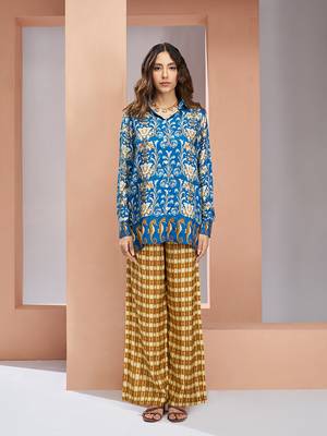 Elegant royal blue printed muslin silk shirt & pant set 1
