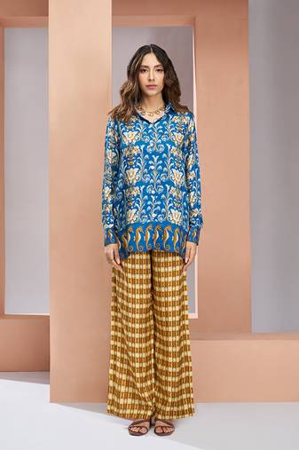 Elegant royal blue printed muslin silk shirt & pant set