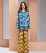 Elegant royal blue printed muslin silk shirt & pant set
