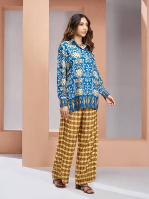Elegant royal blue printed muslin silk shirt & pant set 2