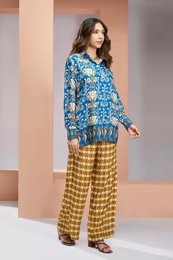 Elegant royal blue printed muslin silk shirt & pant set