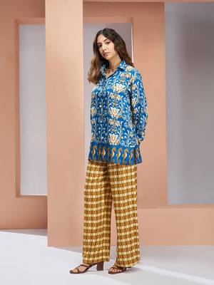 Elegant royal blue printed muslin silk shirt & pant set 3