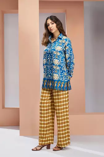 Elegant royal blue printed muslin silk shirt & pant set