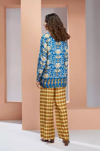 Elegant royal blue printed muslin silk shirt & pant set