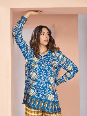 Elegant royal blue printed muslin silk shirt & pant set 5