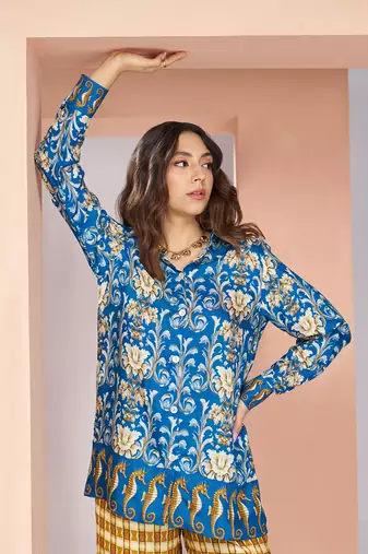 Elegant royal blue printed muslin silk shirt & pant set