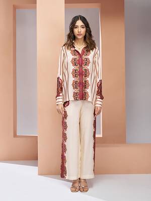 Elegant cream printed muslin silk shirt & pant set 1