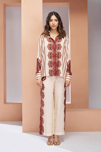 Elegant cream printed muslin silk shirt & pant set