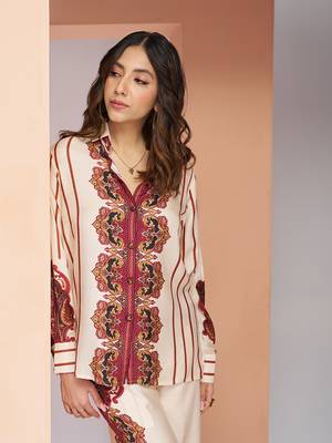 Elegant cream printed muslin silk shirt & pant set 5
