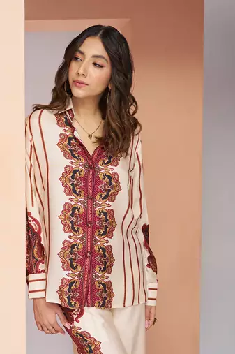Elegant cream printed muslin silk shirt & pant set
