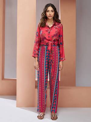 Coral pink pure muslin silk printed co-ord set 1