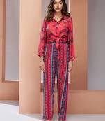 Coral pink pure muslin silk printed co-ord set