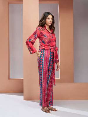 Coral pink pure muslin silk printed co-ord set 2