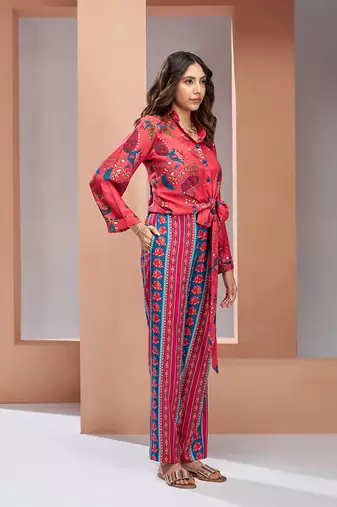 Coral pink pure muslin silk printed co-ord set