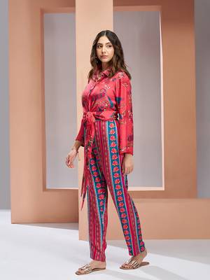 Coral pink pure muslin silk printed co-ord set 3