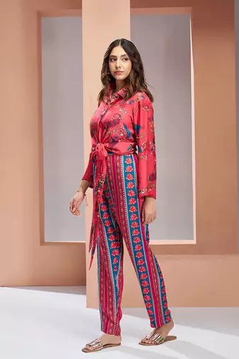 Coral pink pure muslin silk printed co-ord set