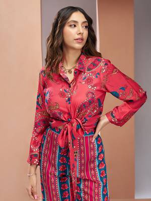 Coral pink pure muslin silk printed co-ord set 5