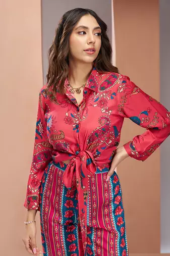 Coral pink pure muslin silk printed co-ord set