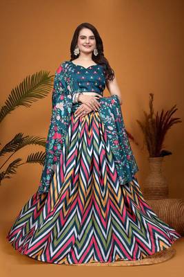 Teal Blue Crepe Silk Digital Laheriya Printed Indian Lehenga Dress 1