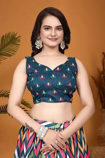 Teal Blue Crepe Silk Digital Laheriya Printed Indian Lehenga Dress