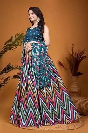 Teal Blue Crepe Silk Digital Laheriya Printed Indian Lehenga Dress