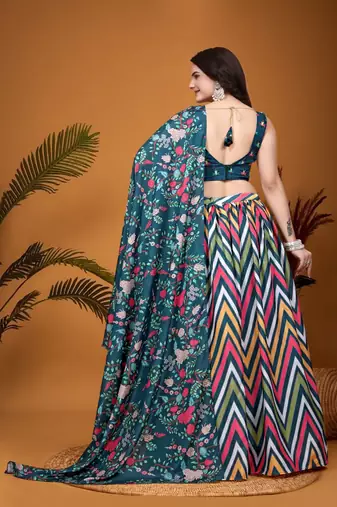 Teal Blue Crepe Silk Digital Laheriya Printed Indian Lehenga Dress